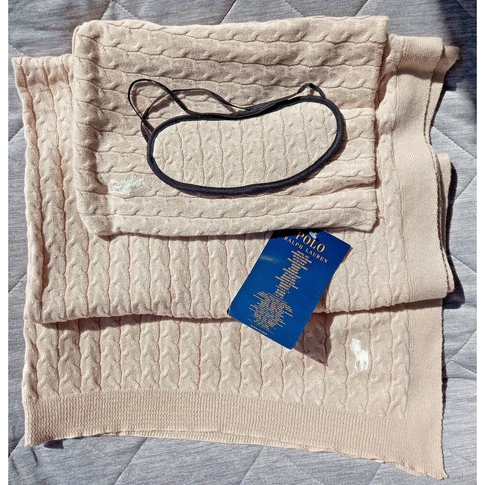 Polo Ralph Lauren Cotton Cable Knit Throw, Eye mask w/carrying case Travel Set